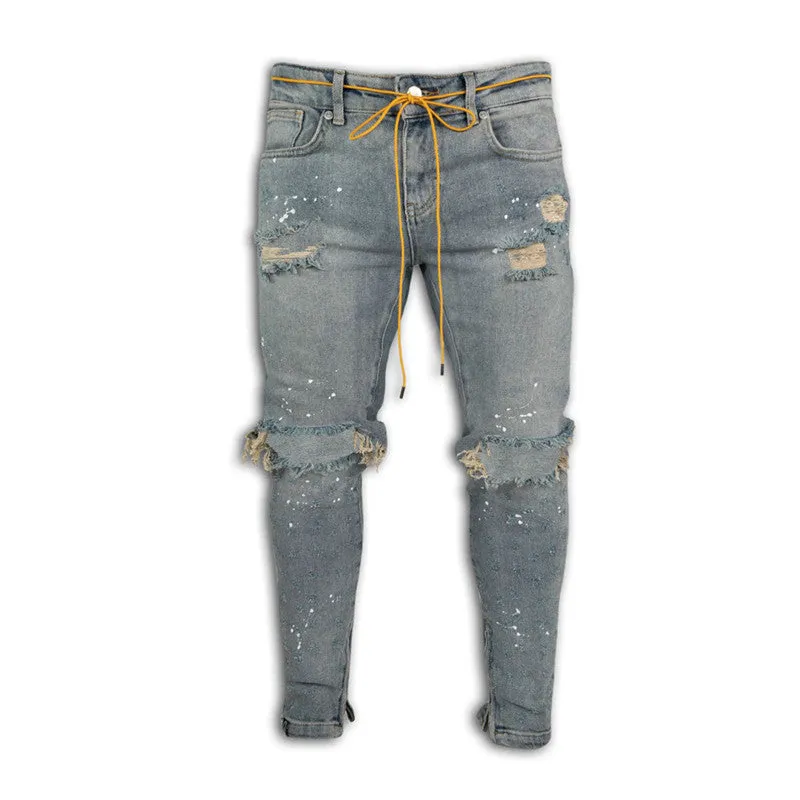 New Skinny Comfy Pencil Pants Mid Waisted Men's Ripped Jeans