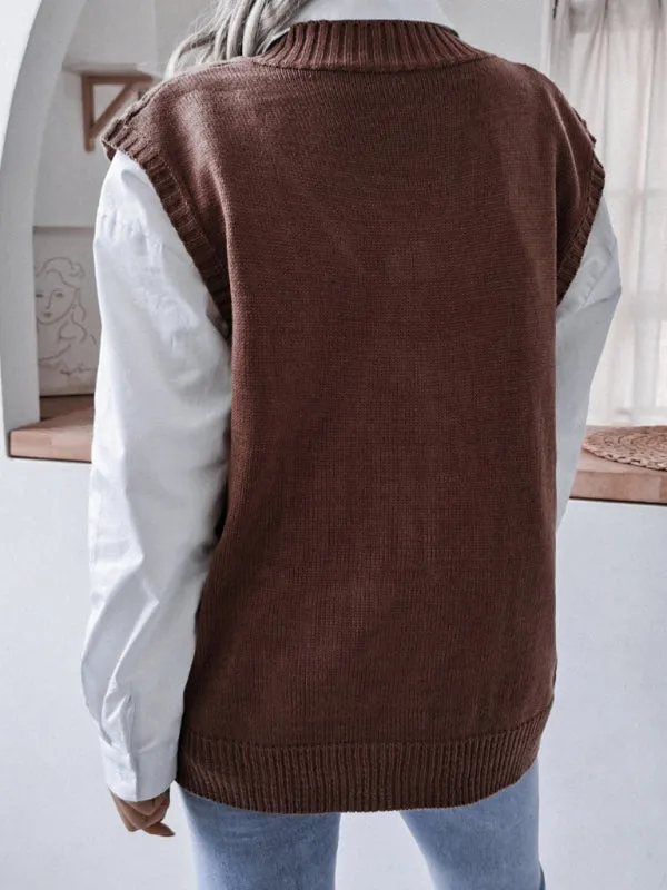 Rhombus Cable Knitted Vest - V Neck Sweater