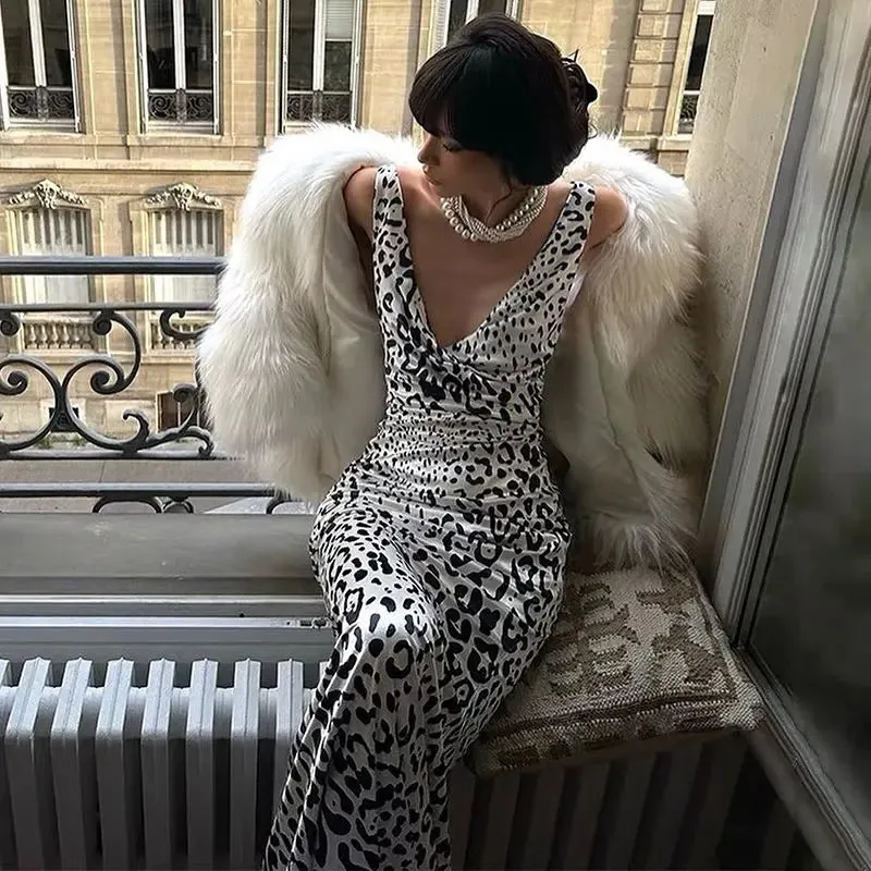 Satin Women's Elegant Leopard Print Mermaid Maxi Dress