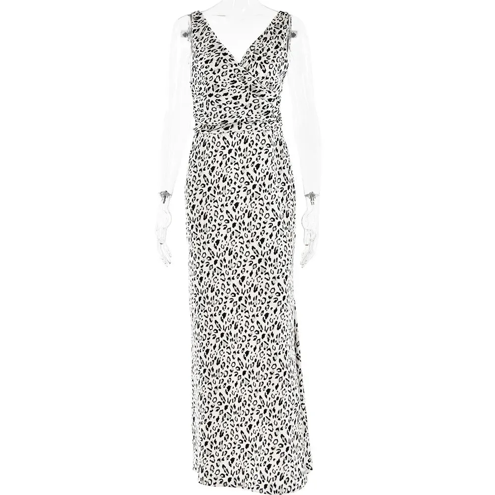 Satin Women's Elegant Leopard Print Mermaid Maxi Dress