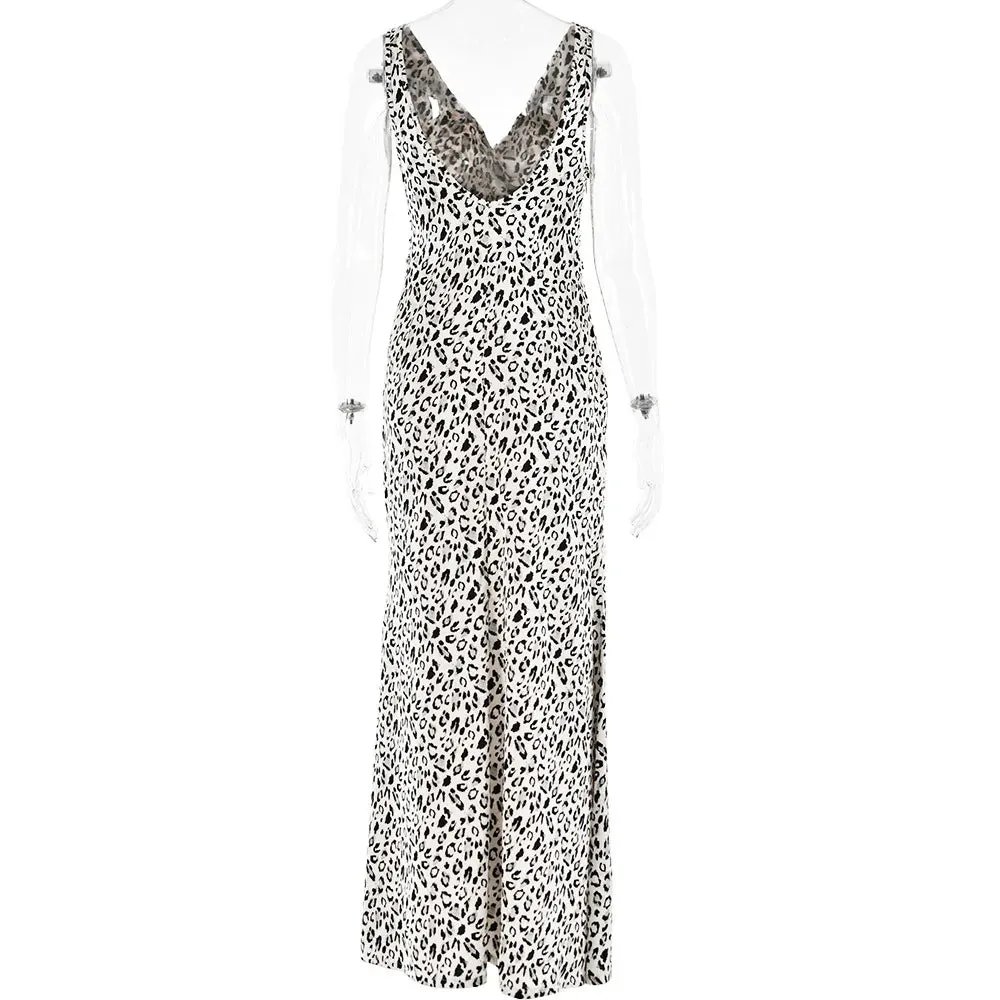 Satin Women's Elegant Leopard Print Mermaid Maxi Dress