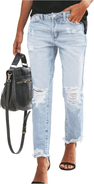 Straight Leg Cropped Jeans for Women Distressed High Waisted Stretchy Jean Capris Boyfriend Ripped Denim Ankle Pants