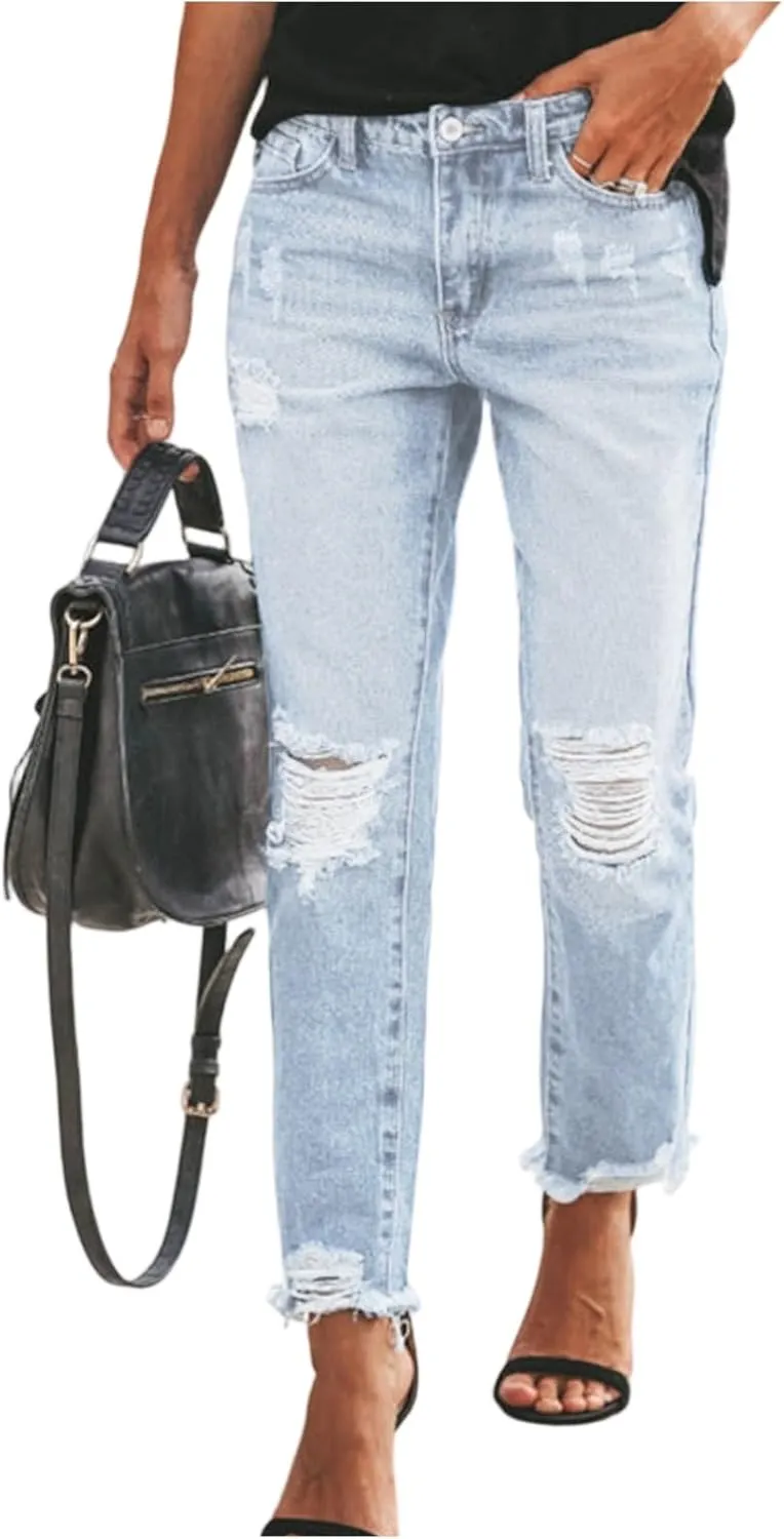 Straight Leg Cropped Jeans for Women Distressed High Waisted Stretchy Jean Capris Boyfriend Ripped Denim Ankle Pants