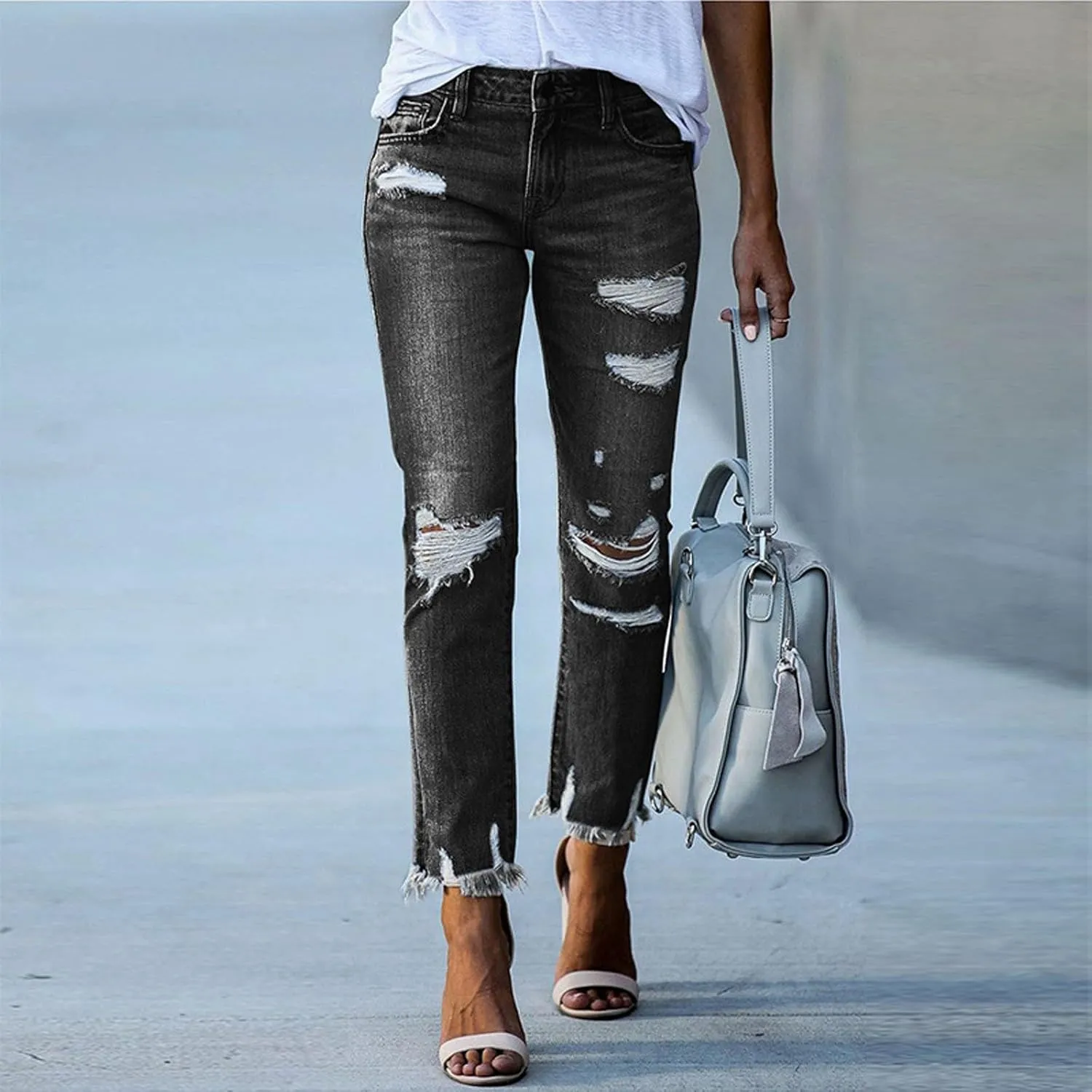 Straight Leg Cropped Jeans for Women Distressed High Waisted Stretchy Jean Capris Boyfriend Ripped Denim Ankle Pants