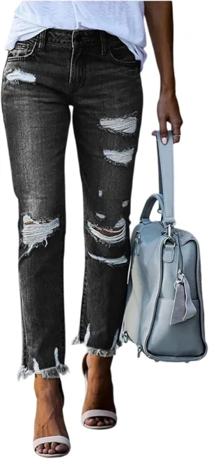Straight Leg Cropped Jeans for Women Distressed High Waisted Stretchy Jean Capris Boyfriend Ripped Denim Ankle Pants