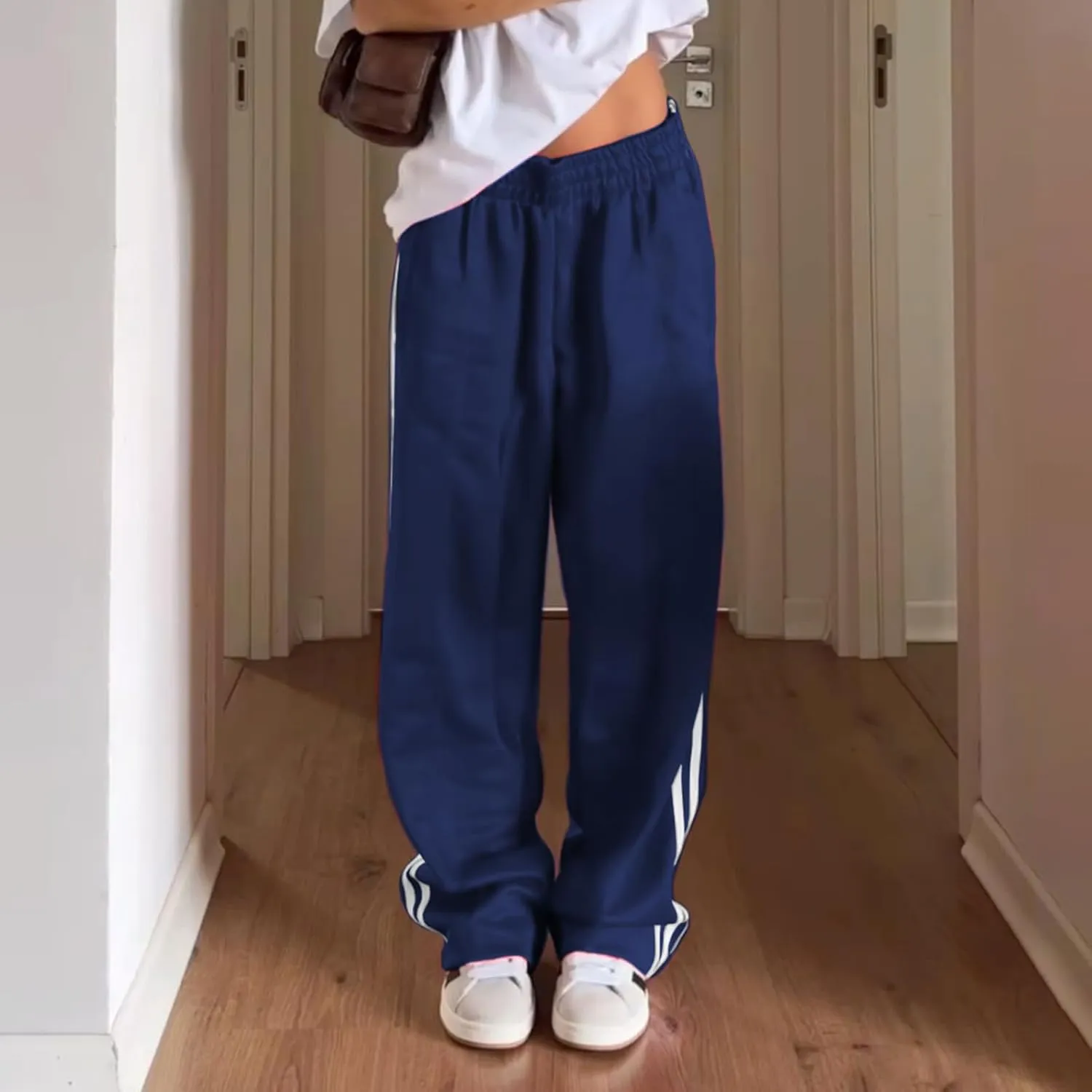 Women Side Striped Track Pants Y2k Drawstring Waist Wide Leg Cargo Sweatpants Casual Loose Jogger Lounge Pants