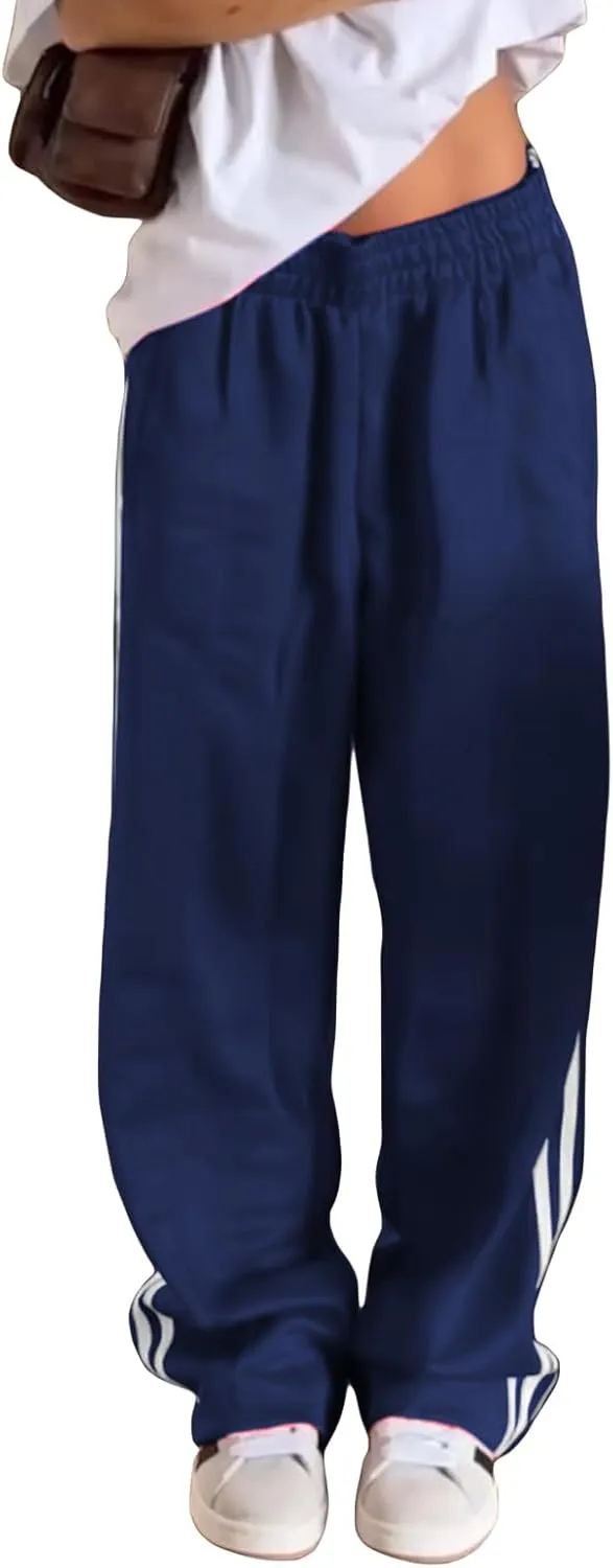Women Side Striped Track Pants Y2k Drawstring Waist Wide Leg Cargo Sweatpants Casual Loose Jogger Lounge Pants