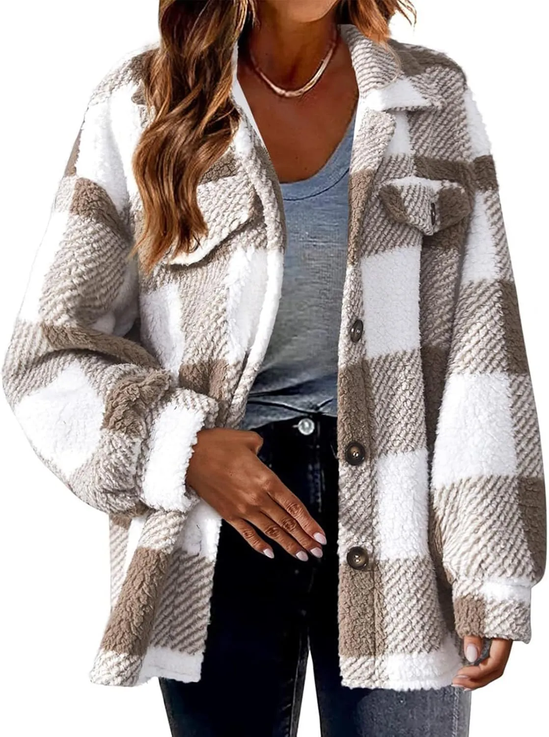 Womens Fuzzy Fleece Plaid Shacket Jacket Buffalo Plaid Flannel Sherpa Puffer Coat Button Down Sherpa Shacket