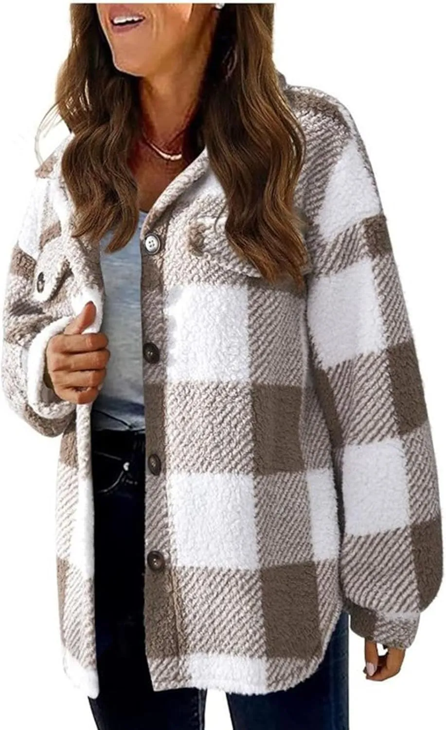 Womens Fuzzy Fleece Plaid Shacket Jacket Buffalo Plaid Flannel Sherpa Puffer Coat Button Down Sherpa Shacket