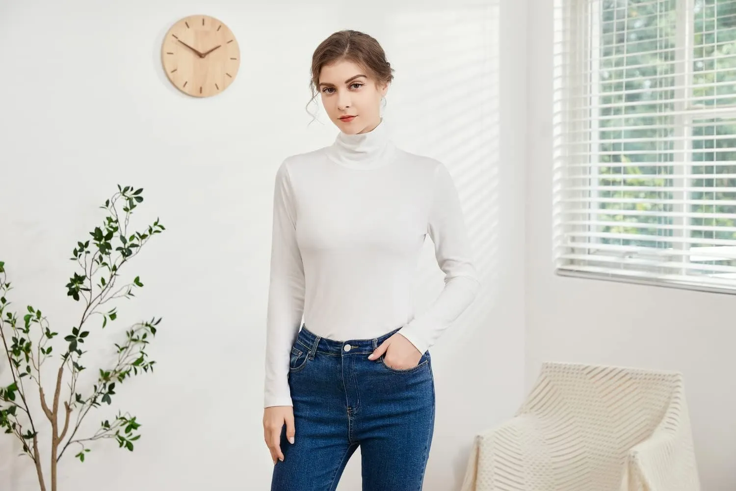 Womens Soft Cotton Long Sleeve Mock Turtleneck Shirts Tops Stretch Underscrubs Layer Tee Tops