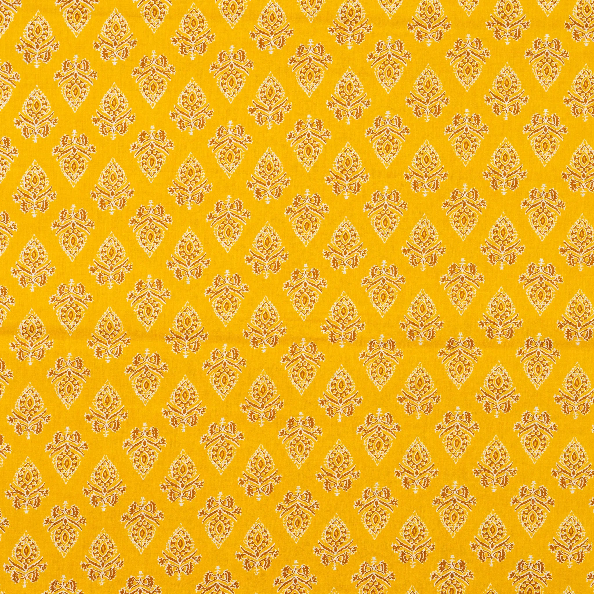 Yellow Cotton Kurti Fabric with Brown Prints
