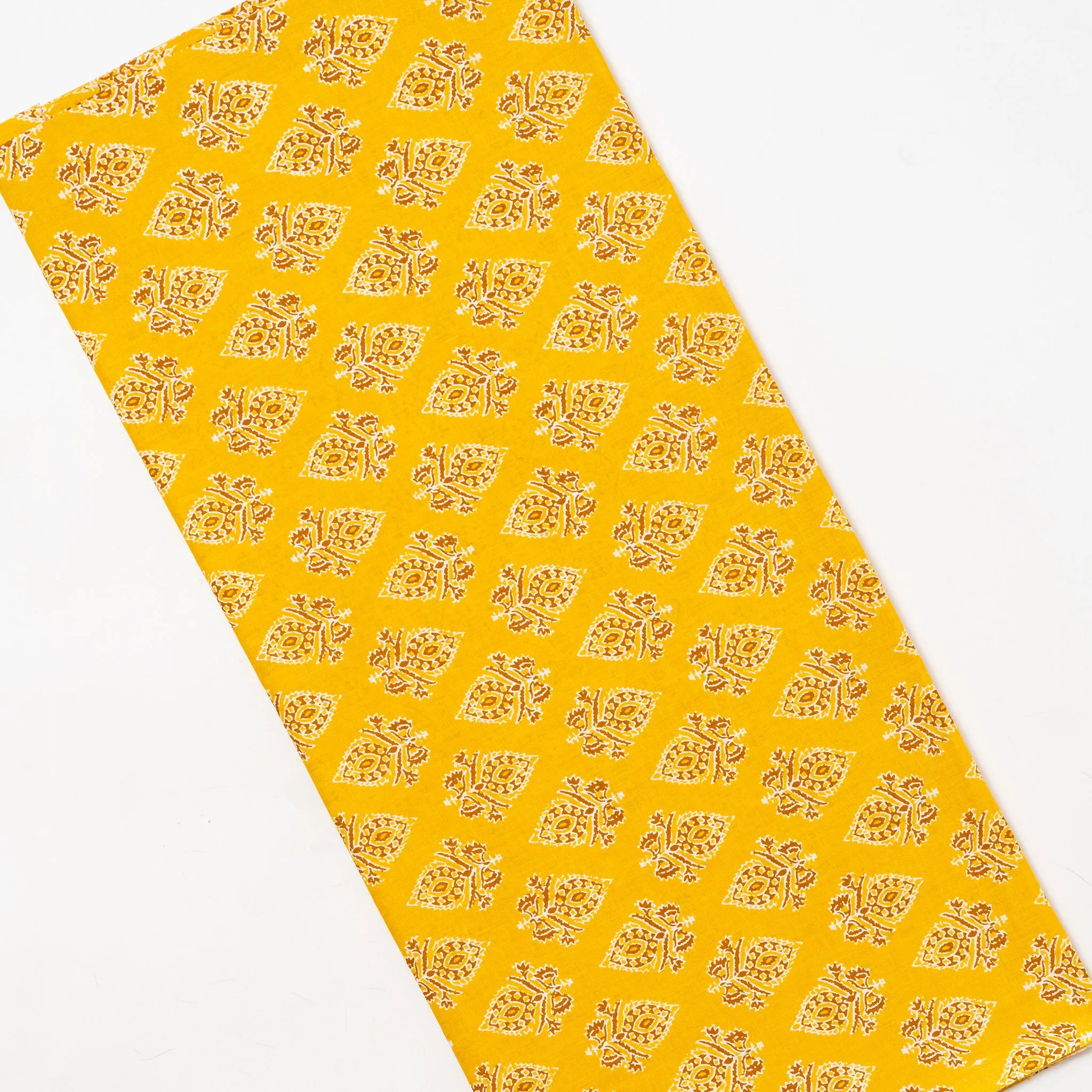 Yellow Cotton Kurti Fabric with Brown Prints