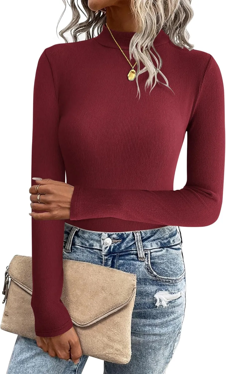 Zeagoo Women's Long Sleeve Stretch Shirts Mock Neck Ribbed T-Shirt Fitted Casual Basic Tops 2024