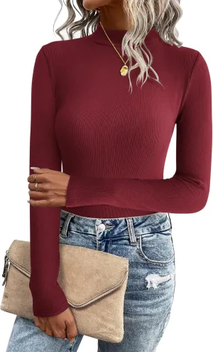 Zeagoo Women's Long Sleeve Stretch Shirts Mock Neck Ribbed T-Shirt Fitted Casual Basic Tops 2024