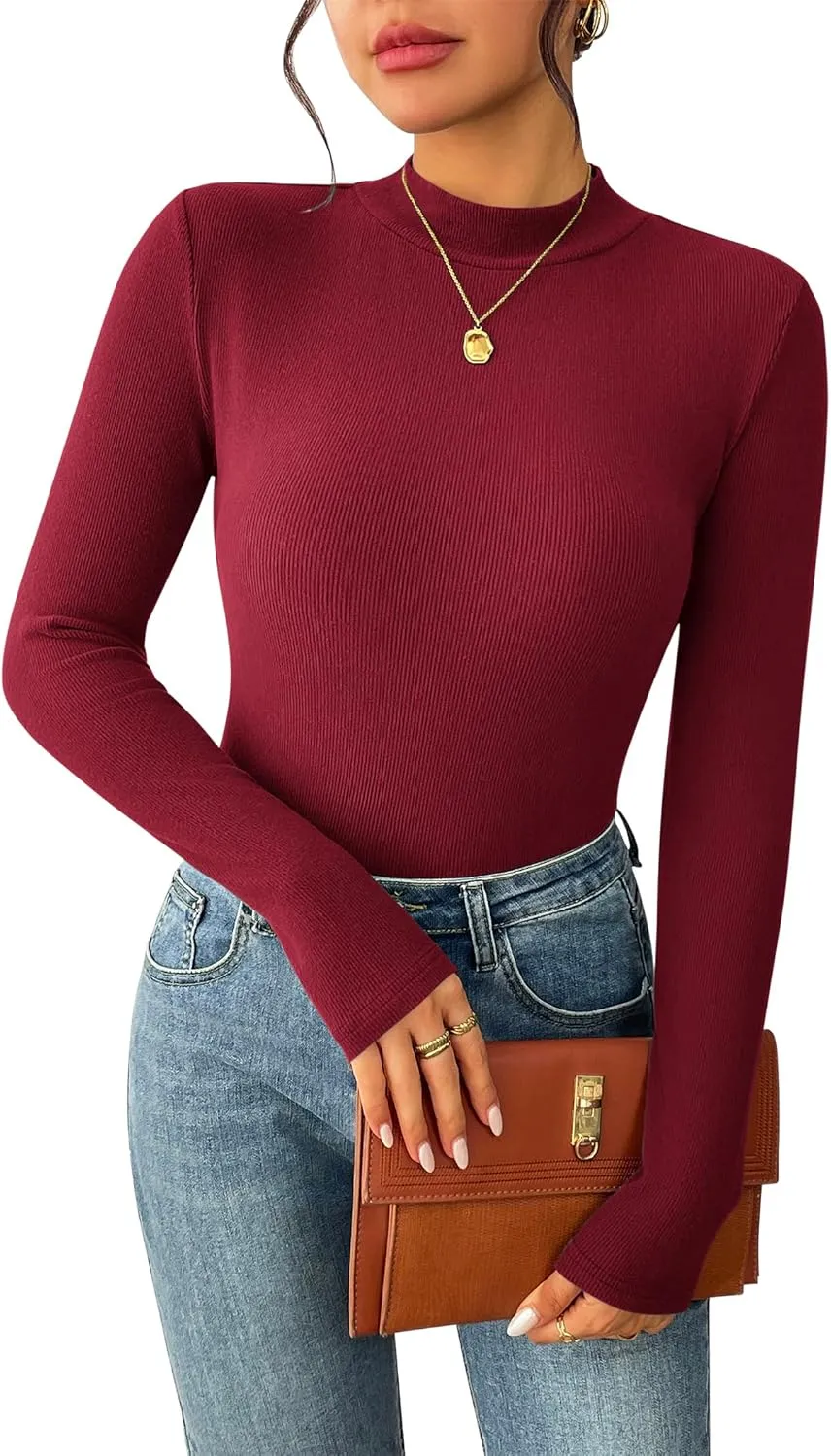 Zeagoo Women's Long Sleeve Stretch Shirts Mock Neck Ribbed T-Shirt Fitted Casual Basic Tops 2024